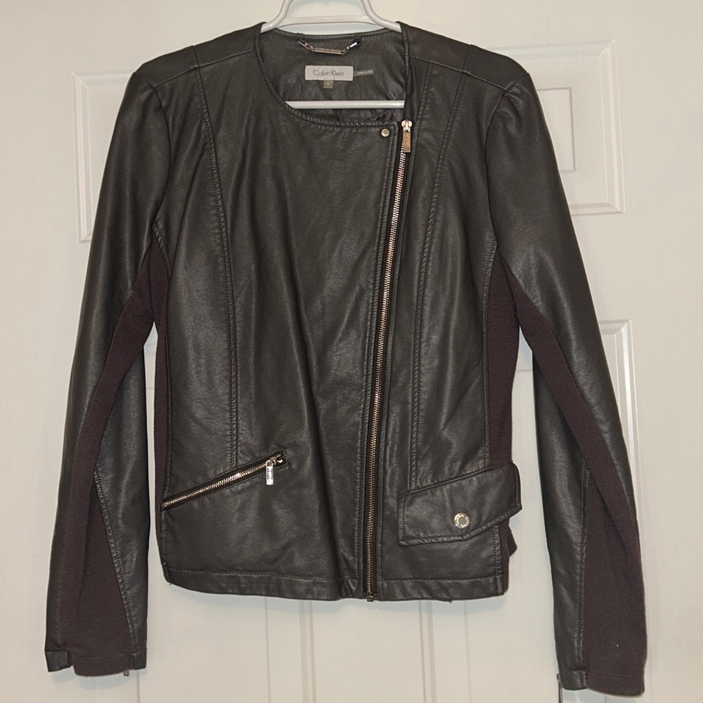 Calvin Klein Moto Bomber Jacket M Gray NWOT Vegan Leather Zippers Biker Moto